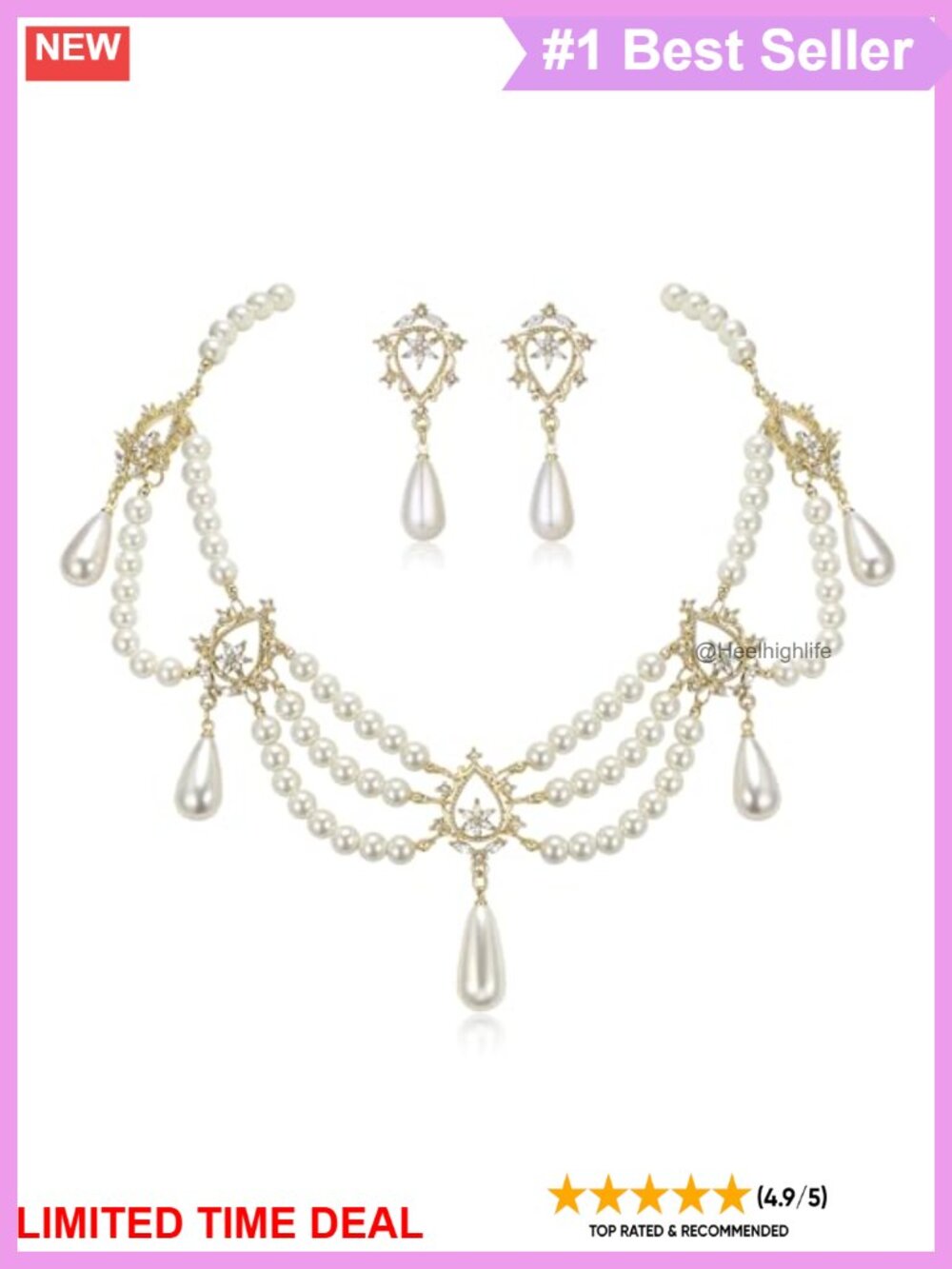 1920s Simulated Pearl Rhinestone Choker Necklace Earrings Jewelry Set